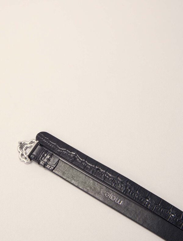 Maje Ceinture Fine Clover Embossé Croco Noir