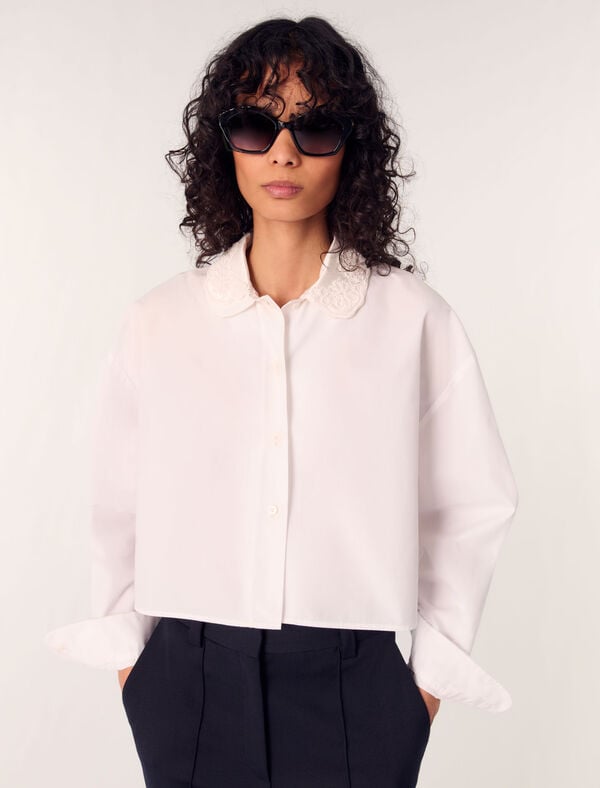 Maje Chemise Courte à Col Brodé Blanc