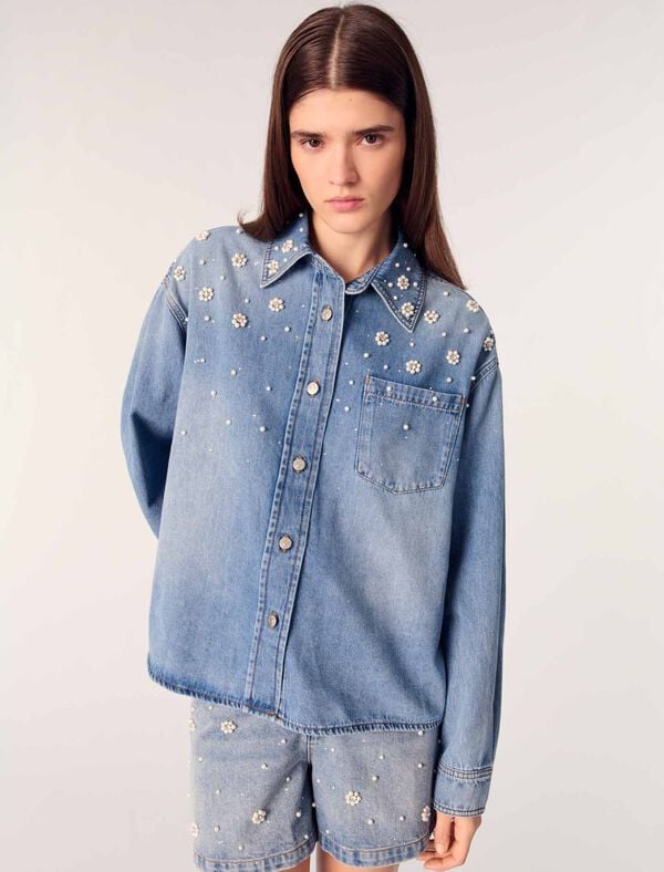 Maje Chemise En Denim à Perles Brodées Bleu