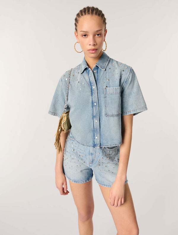 Maje Chemise En Denim à Studs Bleu