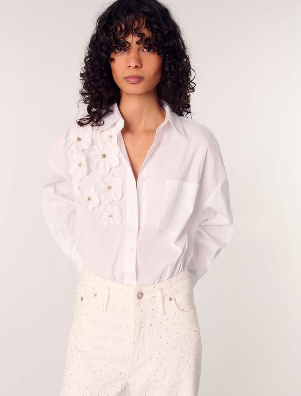 Maje Chemise Longue à Fleurs Brodées Blanc