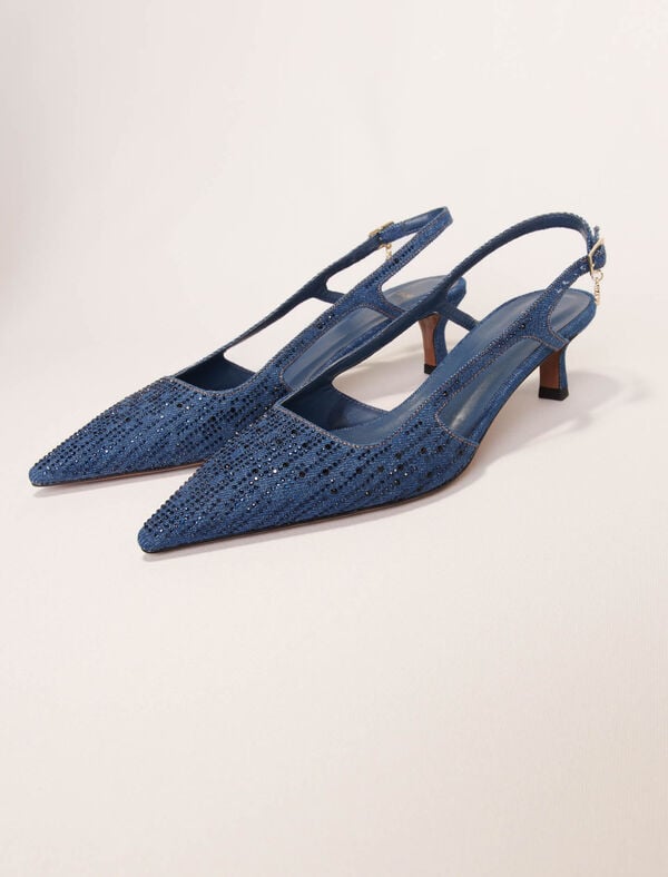 Maje Escarpins Slingback En Denim Strassé Bleu