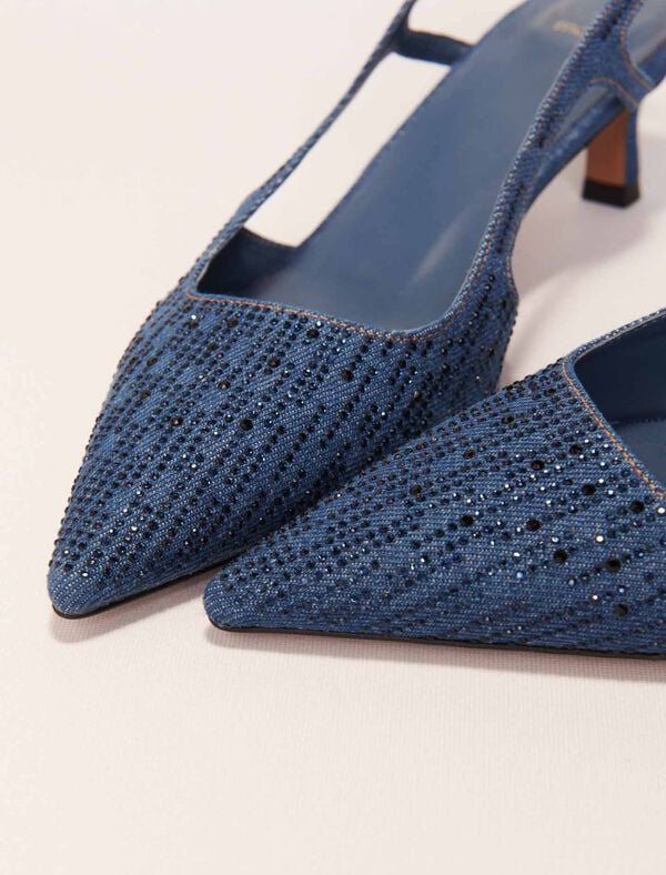Maje Escarpins Slingback En Denim Strassé Bleu