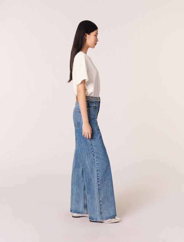 Maje Jean Flare à Ceinture Studée Bleu Jean