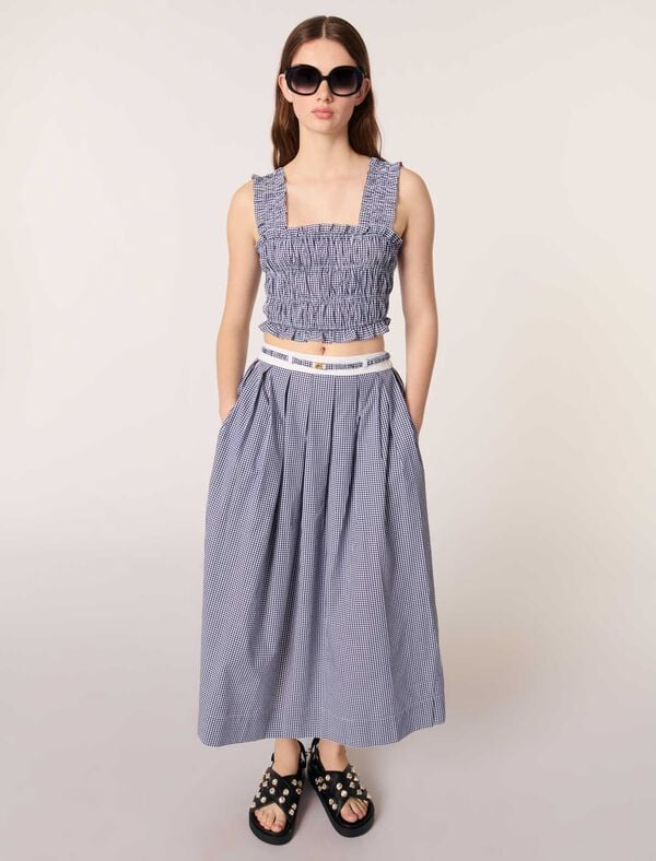 Maje Jupe Longue à Motif Vichy Marine/Blanc