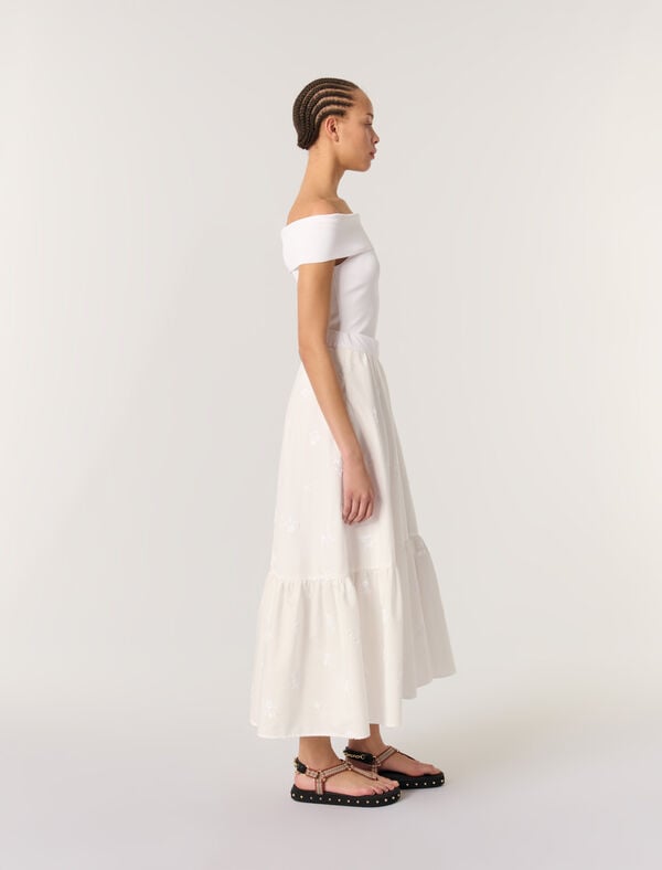 Maje Jupe Longue Brodée Blanc