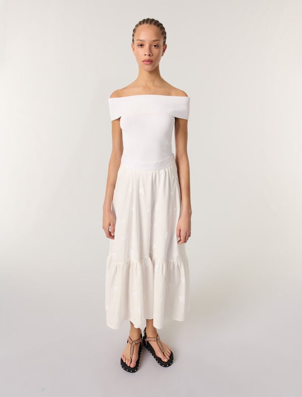 Maje Jupe Longue Brodée Blanc