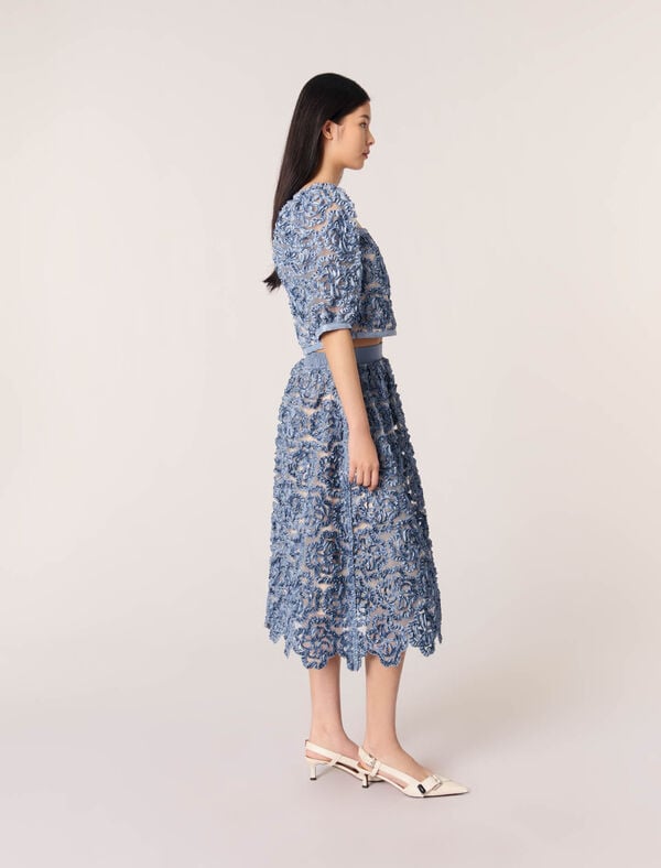 Maje Jupe Longue En Organza Motif Floral Bleu