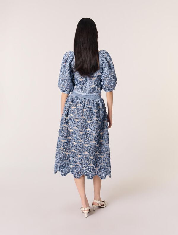 Maje Jupe Longue En Organza Motif Floral Bleu