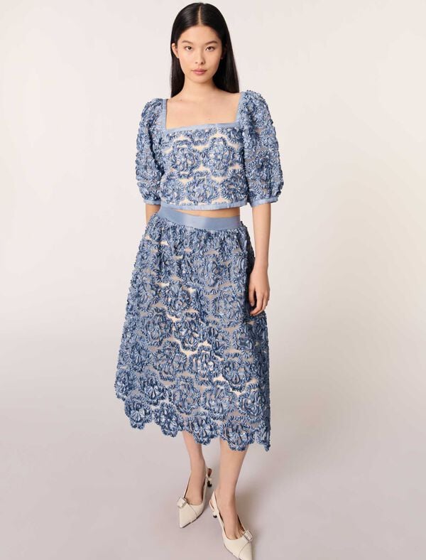 Maje Jupe Longue En Organza Motif Floral Bleu