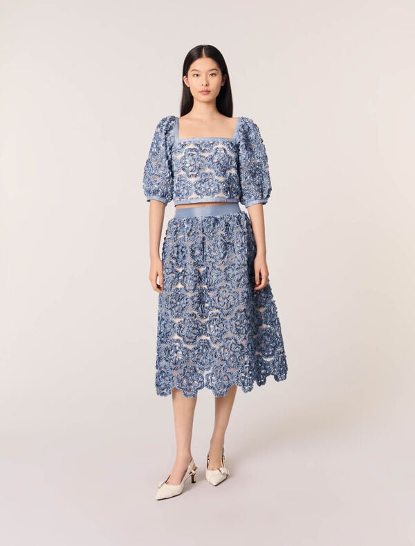 maje Jupe longue en organza motif floral Bleu