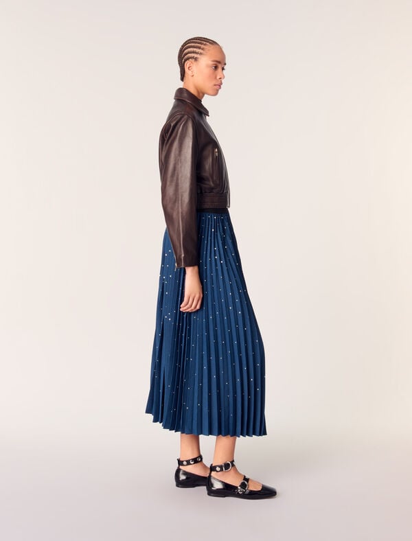 Maje Jupe Longue Plissée à Studs Bleu Jean