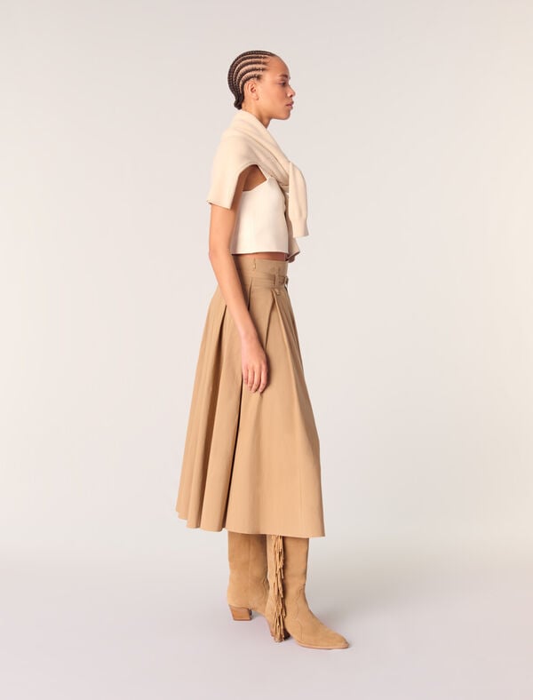 Maje Jupe Longue Plissée En Coton Beige