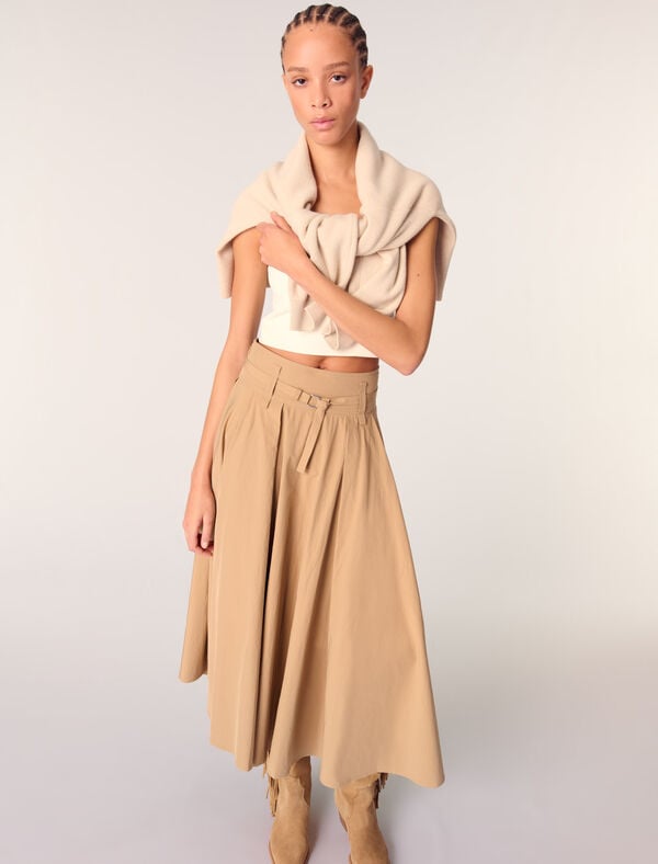 Maje Jupe Longue Plissée En Coton Beige