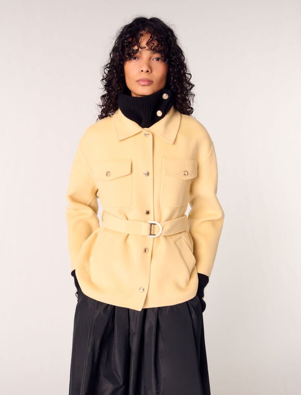 Maje Manteau Court Double Face Ceinturé Jaune