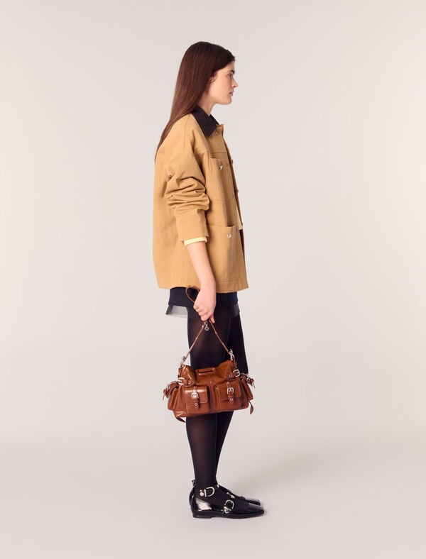 Maje Manteau En Coton Et Col En Cuir Beige