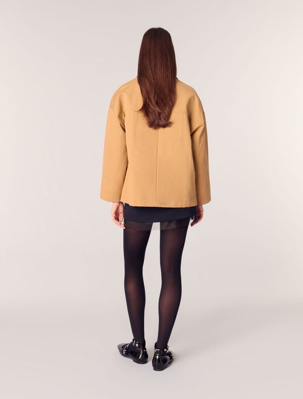 Maje Manteau En Coton Et Col En Cuir Beige