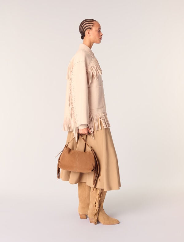 Maje Manteau En Double Face à Franges Beige