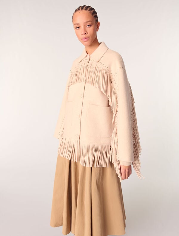 Maje Manteau En Double Face à Franges Beige