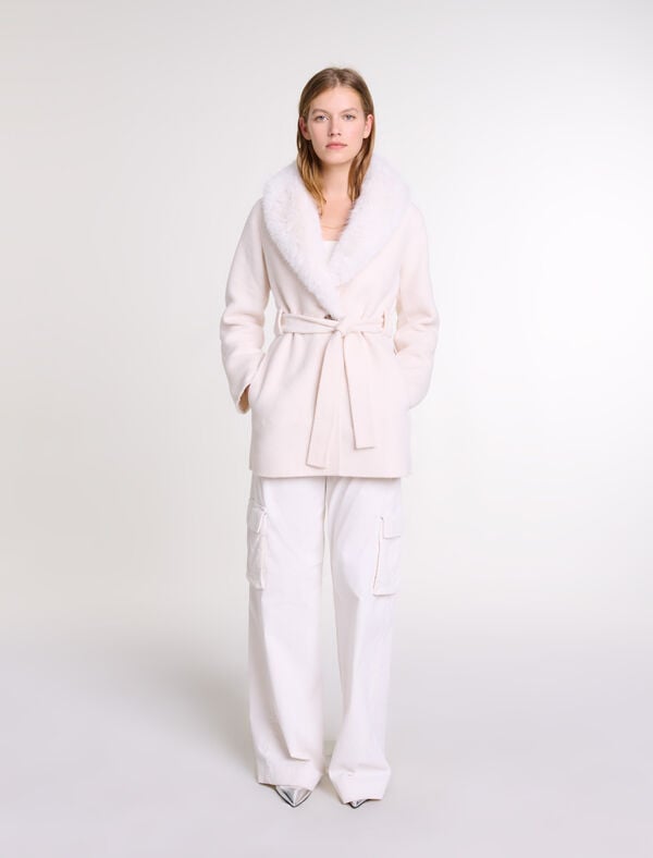 maje Manteau long en fausse fourrure Ecru