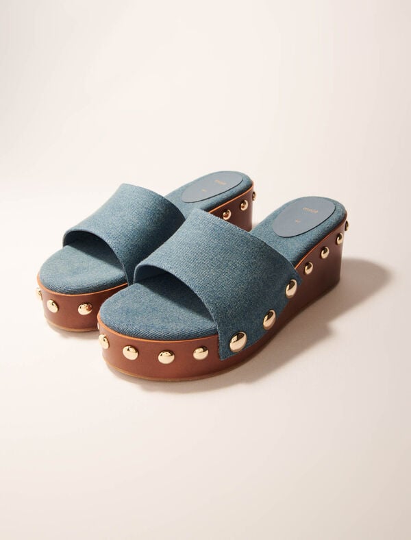Maje Mules Compensées En Denim à Studs Bleu Jean