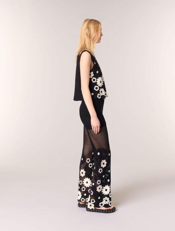 Maje Pantalon En Crochet Floral Noir / Blanc