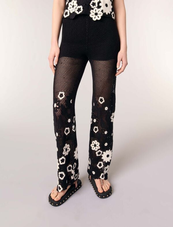 Maje Pantalon En Crochet Floral Noir / Blanc