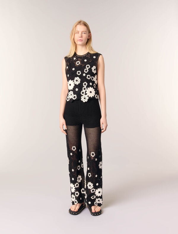 maje Pantalon en crochet floral Noir / blanc