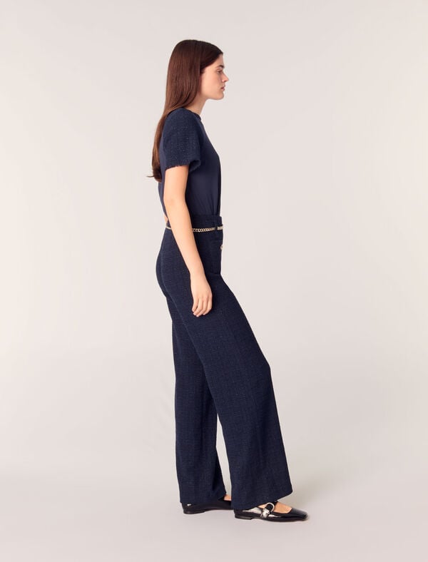 Maje Pantalon En Tweed à Ceinture Chaîne Marine