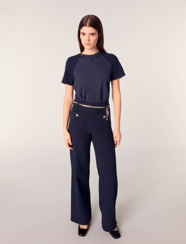 Maje Pantalon En Tweed à Ceinture Chaîne Marine