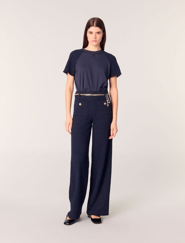 maje Pantalon en tweed à ceinture chaîne Marine