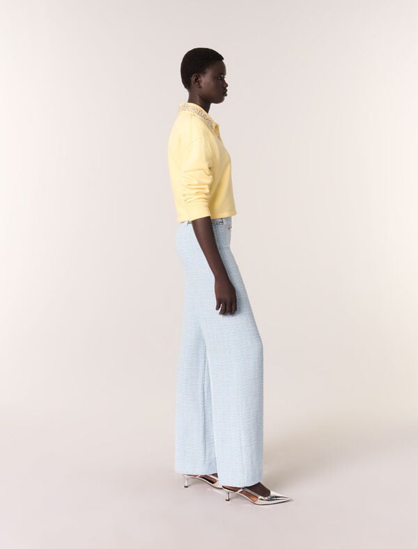 Maje Pantalon En Tweed Avec Ceinture Bleu Ciel