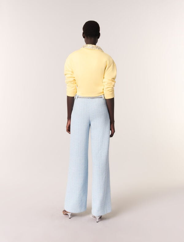 Maje Pantalon En Tweed Avec Ceinture Bleu Ciel