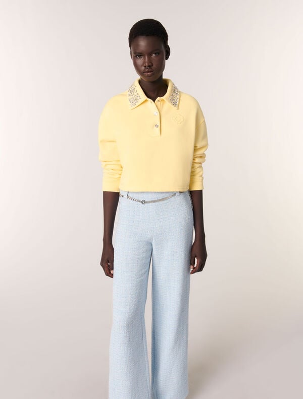 Maje Pantalon En Tweed Avec Ceinture Bleu Ciel