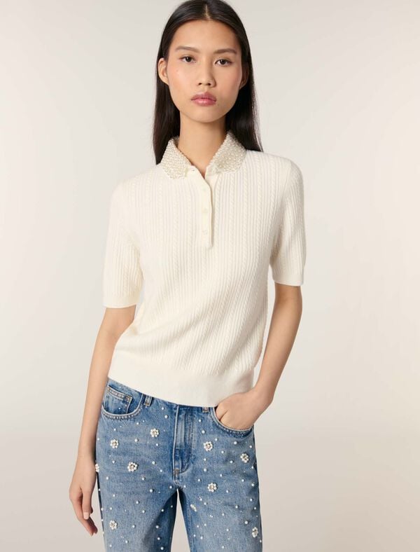 Maje Polo En Maille à Col Amovible Ecru