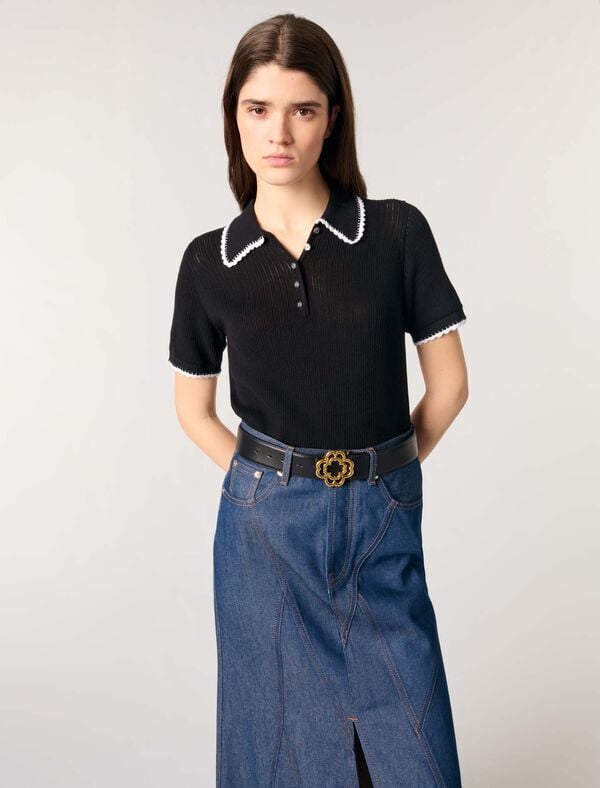 Maje Polo En Maille Pointelle Noir