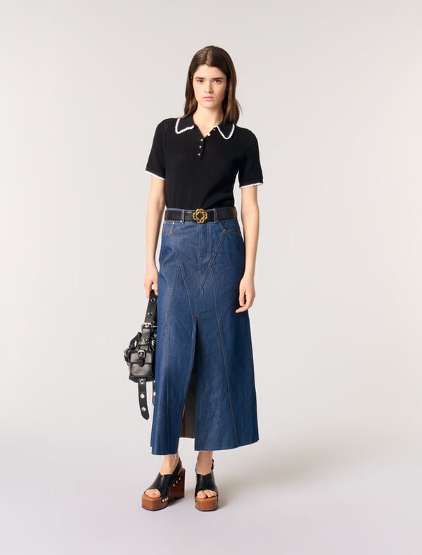 maje Polo en maille pointelle Noir