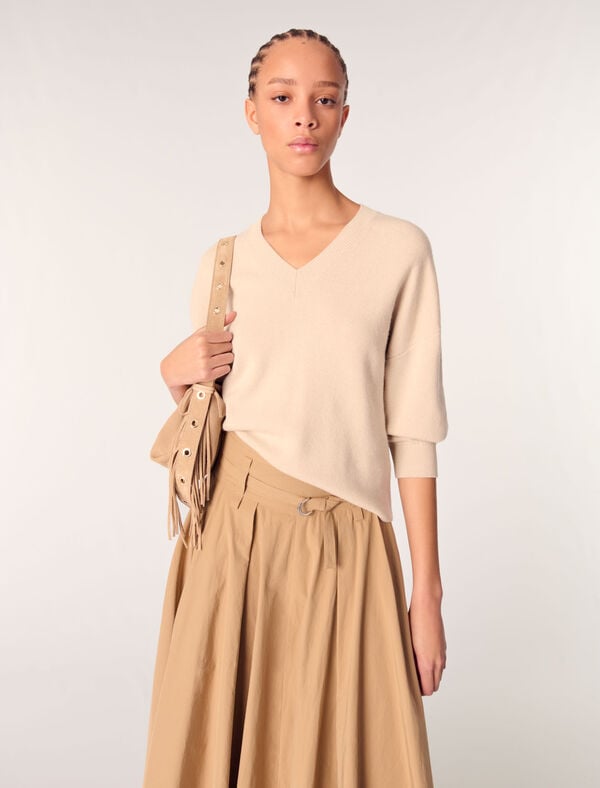 Maje Pull Col V En Laine Melangée Beige