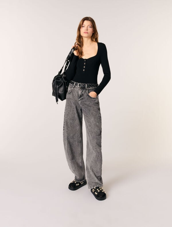 maje Pull décolleté en maille côtelée Noir