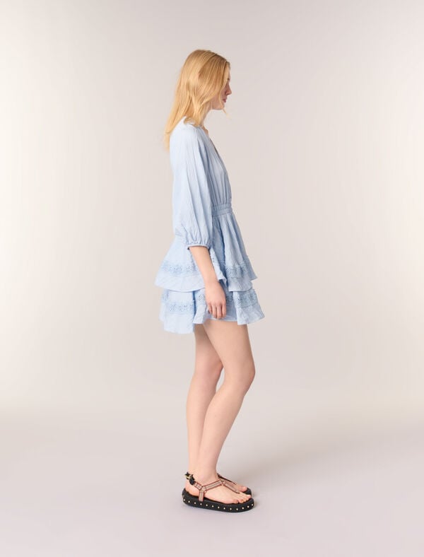 Maje Robe à Volants Et Détails Dentelle Bleu Ciel