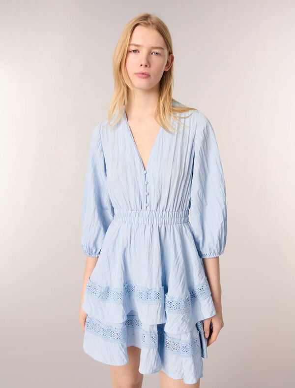 Maje Robe à Volants Et Détails Dentelle Bleu Ciel