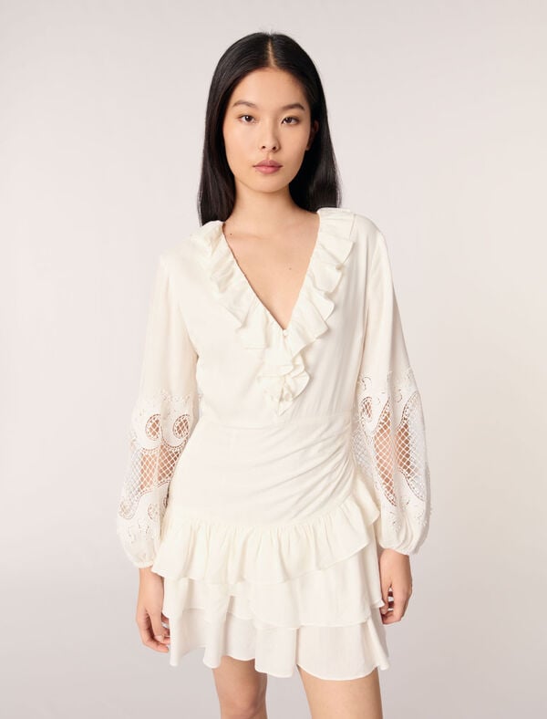 Maje Robe à Volants Et Manches Brodées Ecru