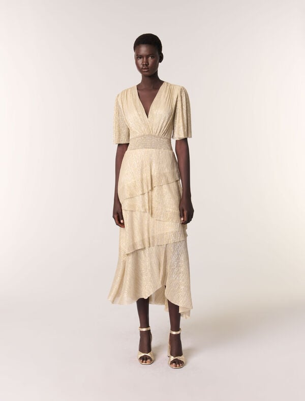 maje Robe à volants métallisée Dore argente