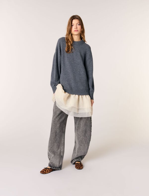 Maje Robe Bi-matière Laine Et Organza Gris / Ecru