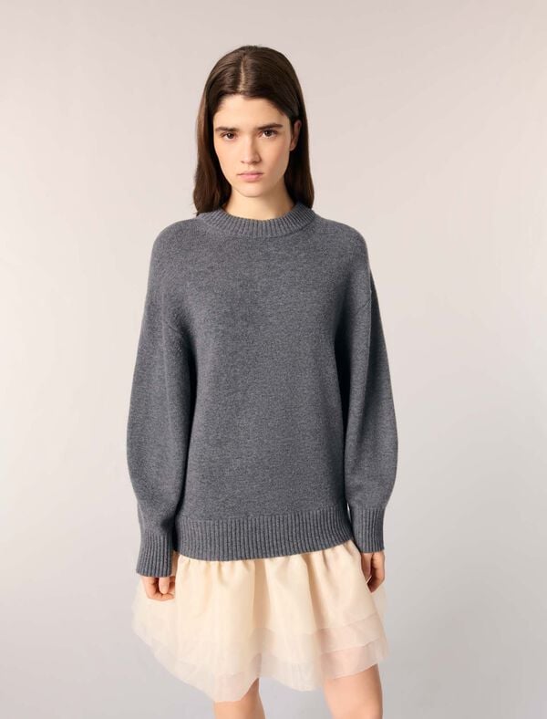 Maje Robe Bi-matière Laine Et Organza Gris / Ecru