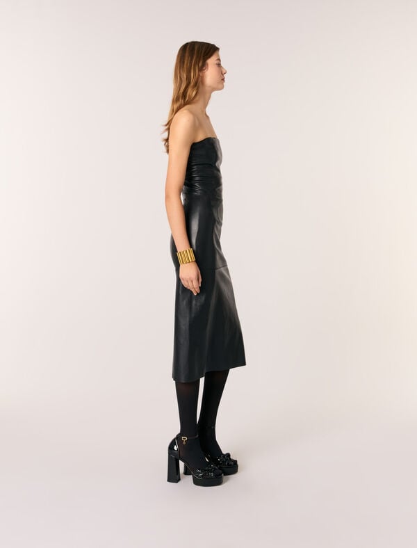 Maje Robe Bustier Midi En Cuir Stretch Noir