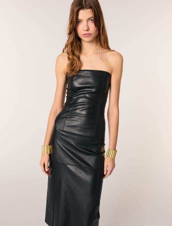Maje Robe Bustier Midi En Cuir Stretch Noir