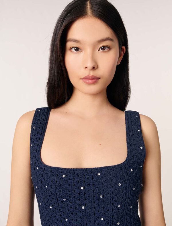 Maje Robe Courte En Crochet Strassée Marine