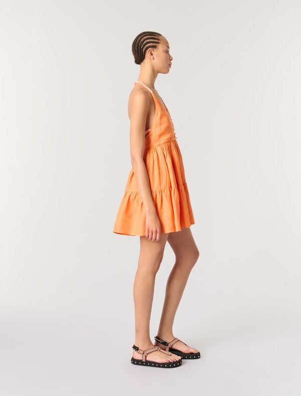 Maje Robe Courte En Lin Orange