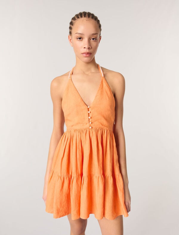Maje Robe Courte En Lin Orange